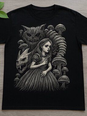 Black Dark Fantasy Wonderland Graphic Tee Gothic Horror Art Shirt